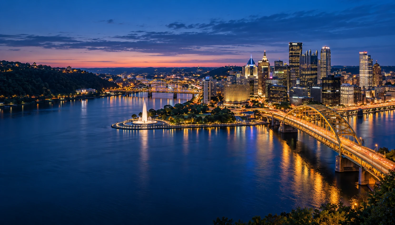 Illustration of the Pittsburgh skyline at blue hour
