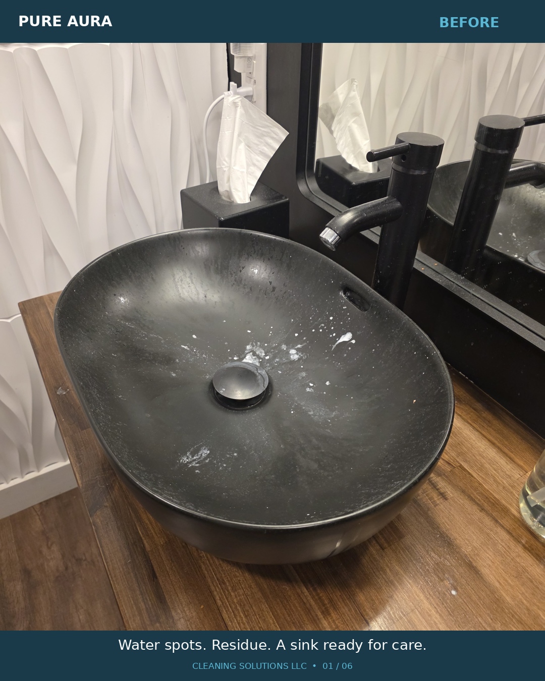 Before cleaning: black vessel sink with visible water spots and residue.